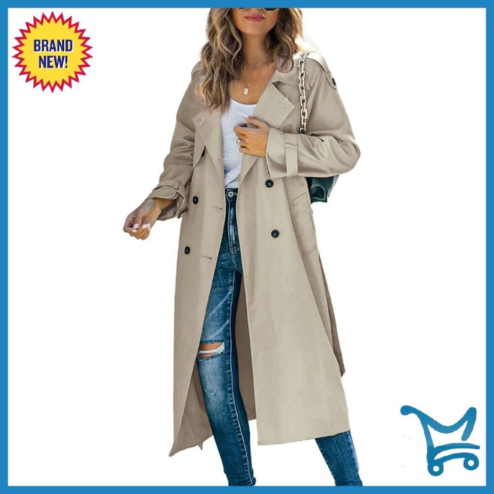 Women's Slim Fit Trench Coat Double Breasted Long Windproof Belted - Picture 1 of 8
